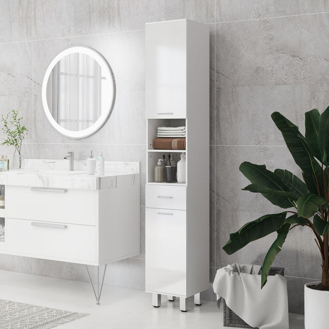 Tall white bathroom cabinet with adjustable shelf and drawers