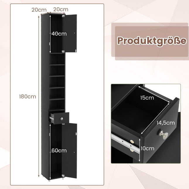 Narrow bathroom cabinet with 2 doors & 1 drawer tall cabinet 20 x 20 x 180 cm black