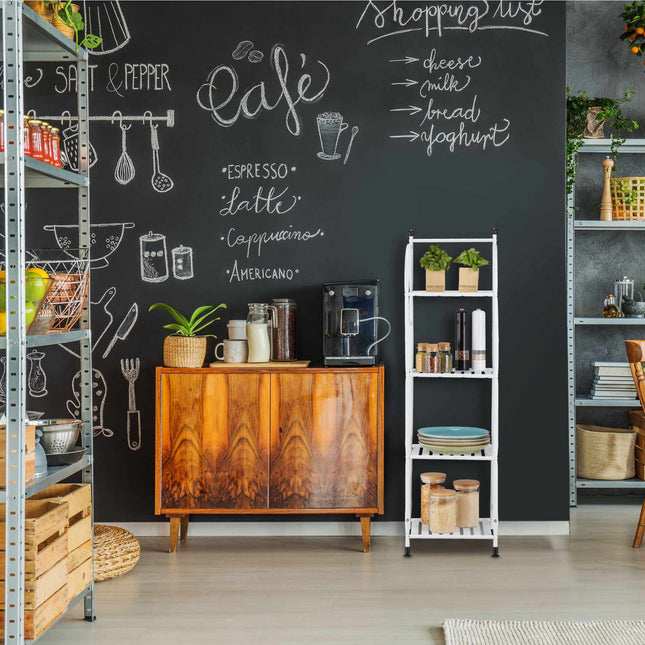 Narrow floor-standing shelf with 4 shelves