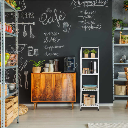 Narrow floor-standing shelf with 4 shelves