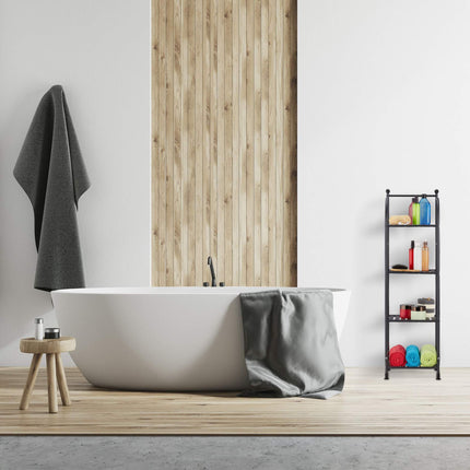 Narrow floor-standing shelf with 4 shelves