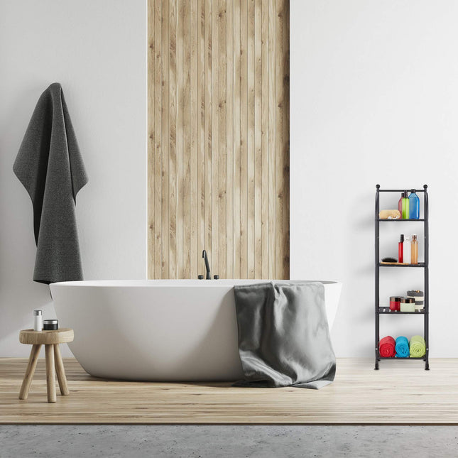 Narrow floor-standing shelf with 4 shelves