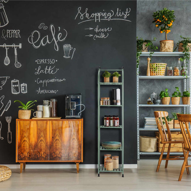 Narrow floor-standing shelf with 5 shelves