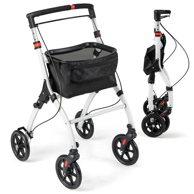 Narrow rollator with 5-way height adjustment & tray & 4 wheels & brakes walking aid