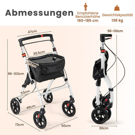 Narrow rollator with 5-way height adjustment & tray & 4 wheels & brakes walking aid