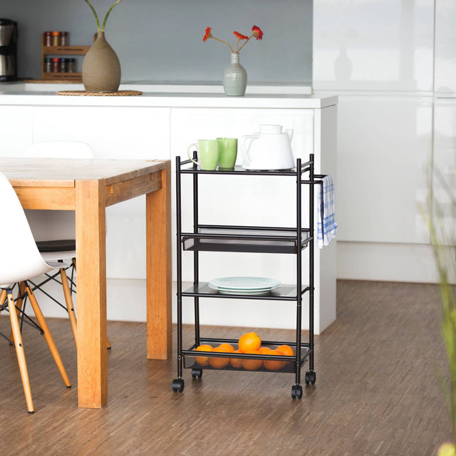 Narrow rolling shelf with 4 shelves