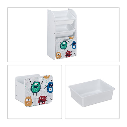 Narrow toy storage unit with monsters