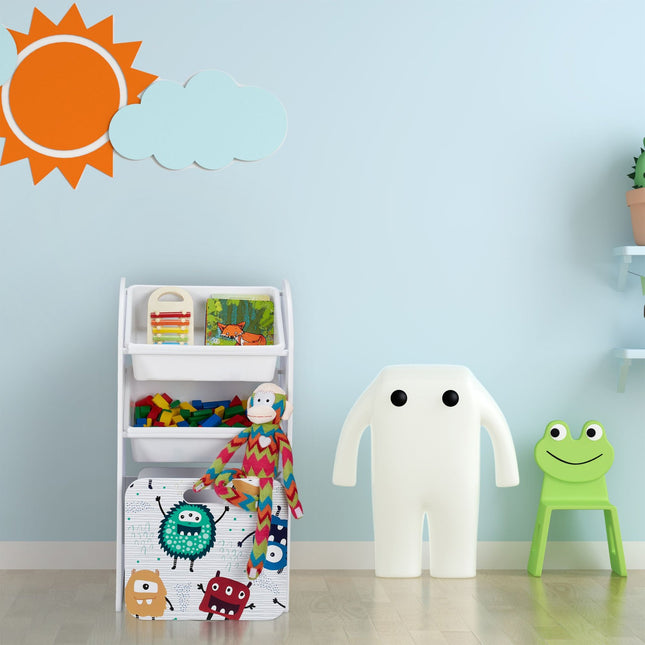 Narrow toy storage unit with monsters