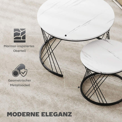 Nestable Coffee Table Set, Marble Look, White, 2-Piece