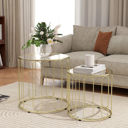 Nested Round Coffee Tables, Metal Frame, Glass Top