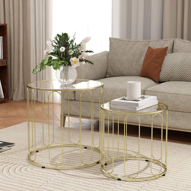 Nested Round Coffee Tables, Metal Frame, Glass Top