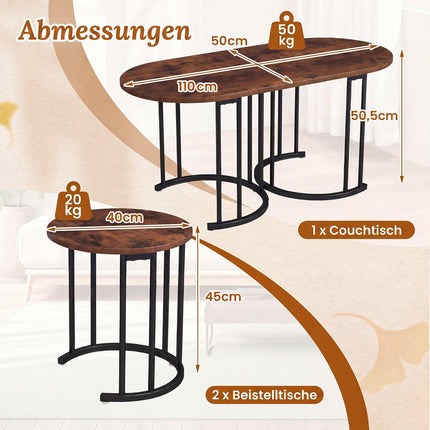 Nesting Coffee Table Set, Rustic Brown, Metal Frame