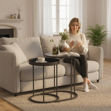 Nesting Coffee Tables Set, Metal Tray Design, Gray