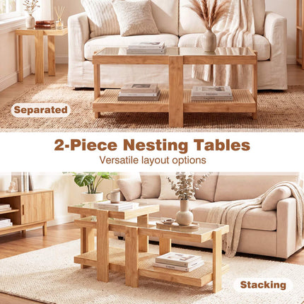 Nesting Coffee Tables Set, Rattan Accent, Tempered Glass