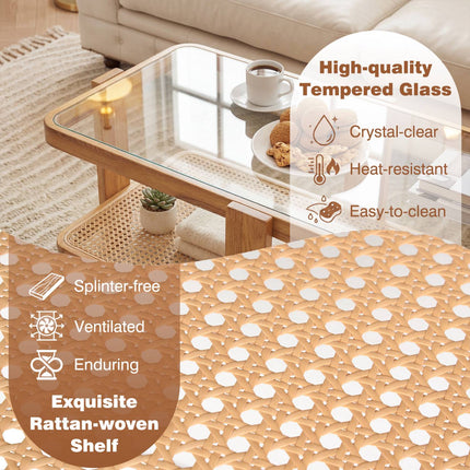 Nesting Coffee Tables Set, Rattan Accent, Tempered Glass