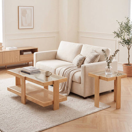 Nesting Coffee Tables Set, Rattan Accent, Tempered Glass