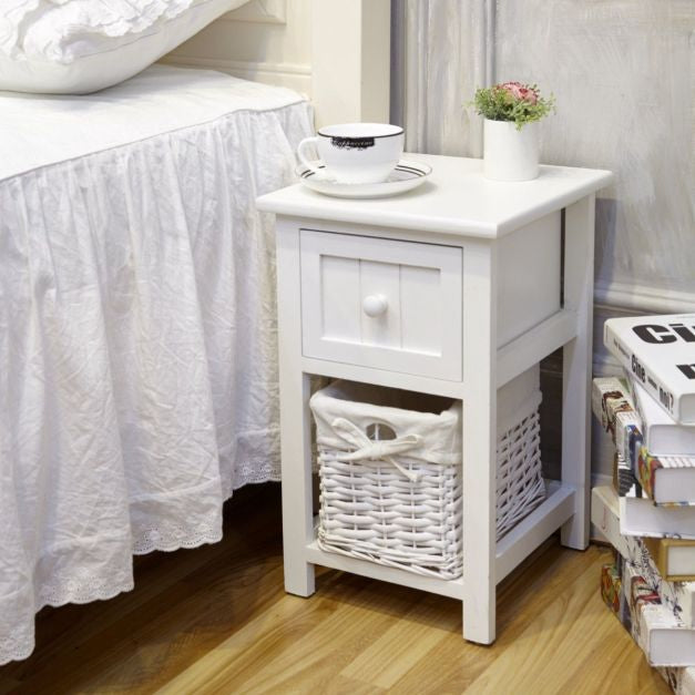 Nightstand, 2-Tier Paulownia Wood with Drawer and Basket