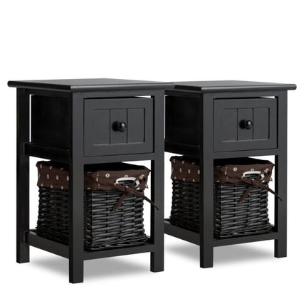 Nightstand, 2-Tier Wood with Drawer and Basket, Black