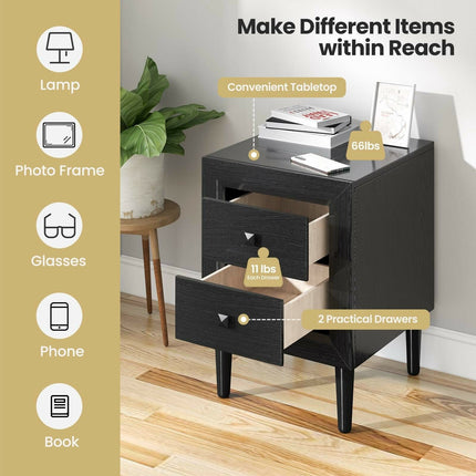 Nightstand Set of 2, 2-Drawer, Rubberwood Legs, Black