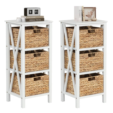 Nightstand Set with 3 Seagrass Baskets, White, 2-Piece
