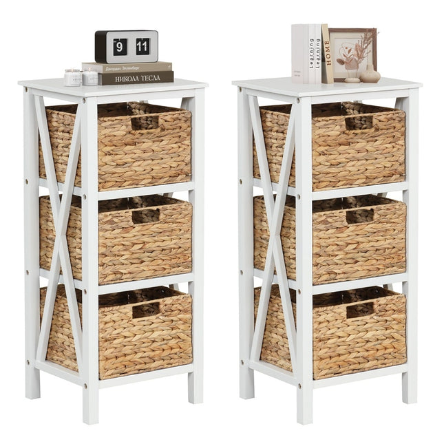 Nightstand Set with 3 Seagrass Baskets, White, 2-Piece