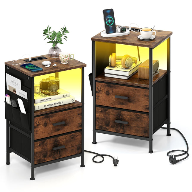 Nightstand Set with Charging Station & LED Lights