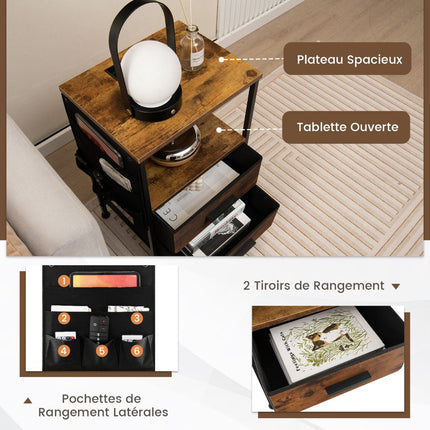 Nightstand With Charging Station, 2 Drawers, 6 Pockets
