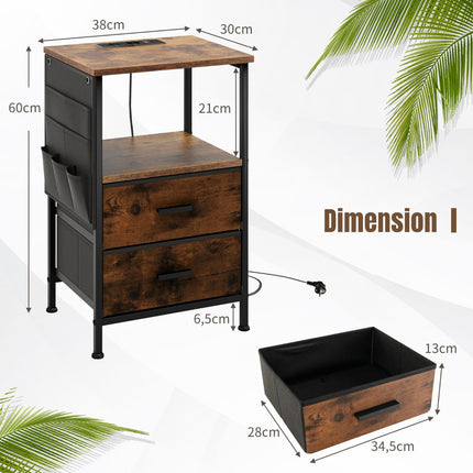 Nightstand With Charging Station, 2 Drawers, 6 Pockets