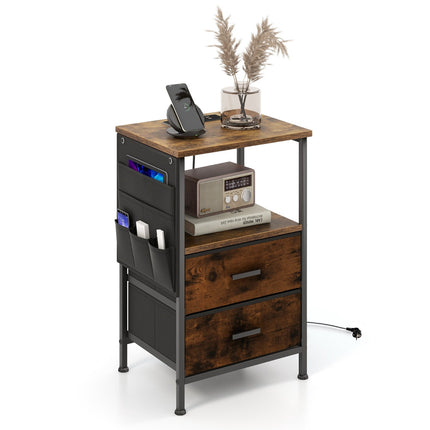 Nightstand With Charging Station, 2 Drawers, 6 Pockets