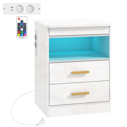 Nightstand With Charging Station, RGB LED, 2-Drawer, High-Gloss White