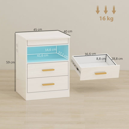 Nightstand With Charging Station, RGB LED, 2-Drawer, High-Gloss White