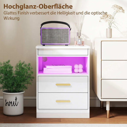 Nightstand With Charging Station, RGB LED, 2-Drawer, High-Gloss White