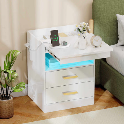 Nightstand With Charging Station, RGB LED, 2-Drawer, High-Gloss White