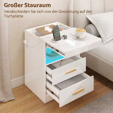 Nightstand With Charging Station, RGB LED, 2-Drawer, High-Gloss White