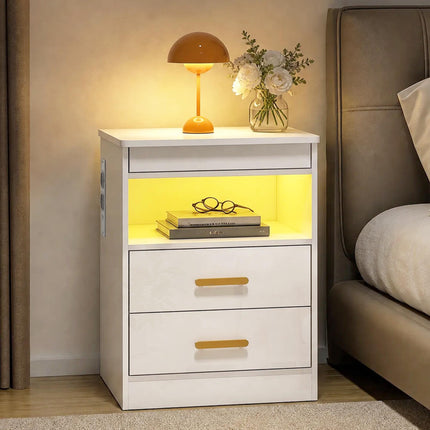 Nightstand With Charging Station, RGB LED, 2-Drawer, High-Gloss White