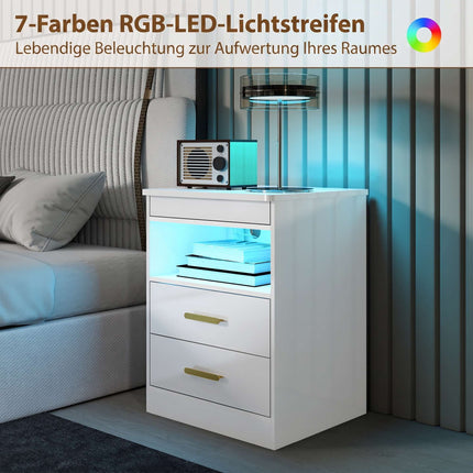 Nightstand With Charging Station, RGB LED, 2-Drawer, High-Gloss White
