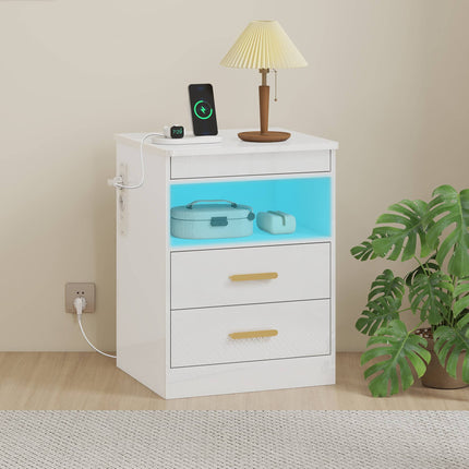 Nightstand With Charging Station, RGB LED, 2-Drawer, High-Gloss White