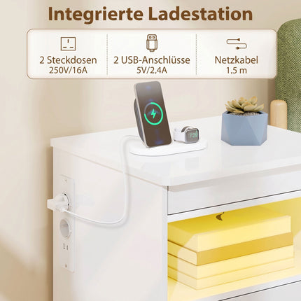 Nightstand With Charging Station, RGB LED, 2-Drawer, High-Gloss White