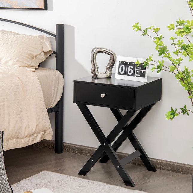 Nightstand With Drawer, X-Frame MDF, Black