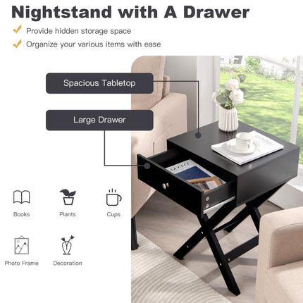 Nightstand With Drawer, X-Frame MDF, Black
