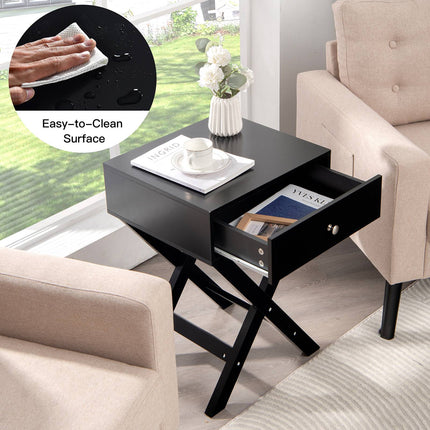 Nightstand With Drawer, X-Frame MDF, Black