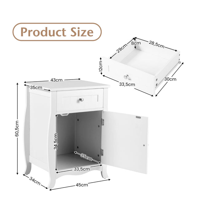 Nightstand With Drawer and Cabinet, Curved Legs, White