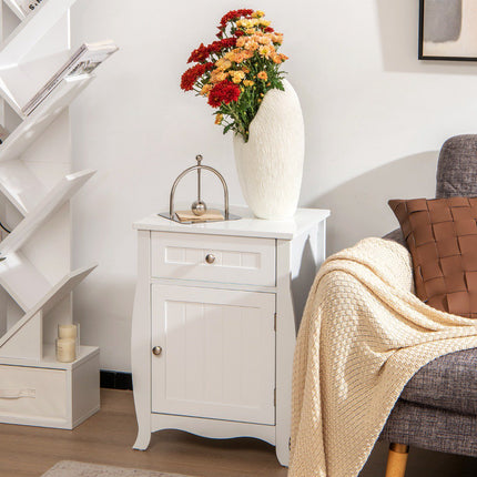 Nightstand With Drawer and Cabinet, Curved Legs, White