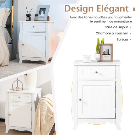 Nightstand With Drawer and Cabinet, Curved Legs, White