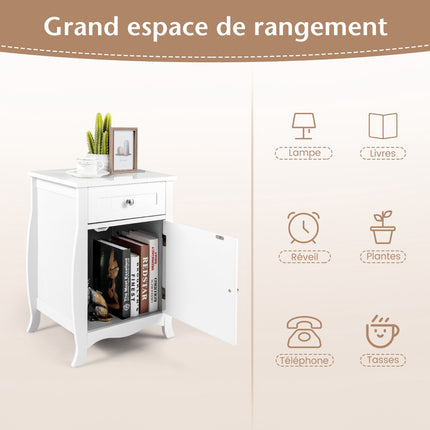 Nightstand With Drawer and Cabinet, Curved Legs, White