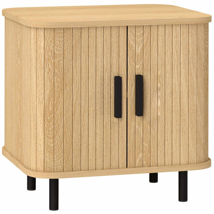 Nightstand With Sliding Slatted Doors, Steel Legs, Oak