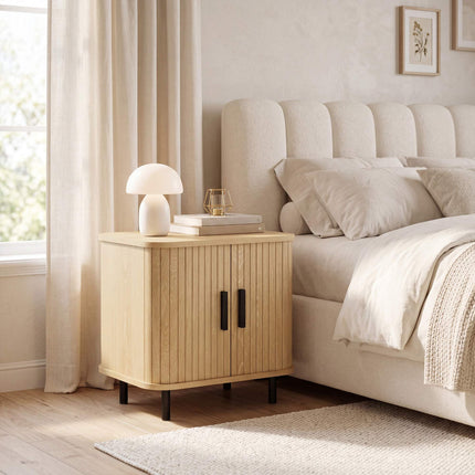 Nightstand With Sliding Slatted Doors, Steel Legs, Oak
