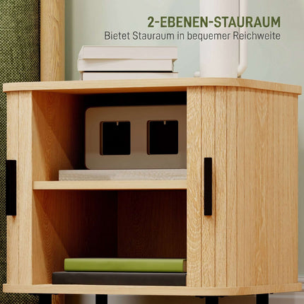 Nightstand With Sliding Slatted Doors, Steel Legs, Oak