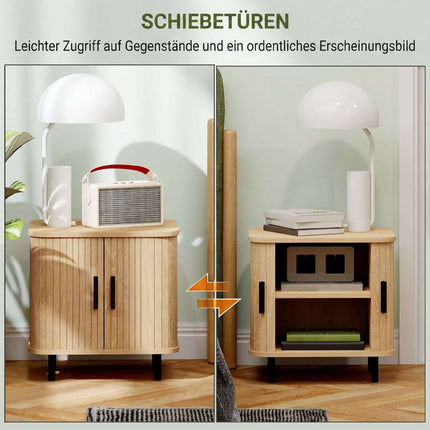 Nightstand With Sliding Slatted Doors, Steel Legs, Oak