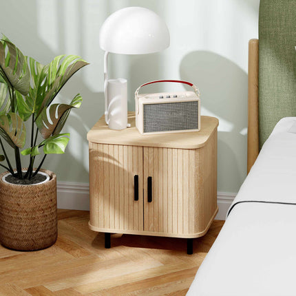 Nightstand With Sliding Slatted Doors, Steel Legs, Oak